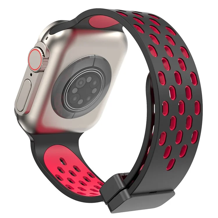 Watch Band for Apple Watch Series 10 46mm / Ultra 2 Ultra 49mm /  Series 9 8 7 45mm / 6 5 4 SE (2023) SE (2022) SE 44mm / 3 2 1 42mm , Dual-Color Silicone Magnetic Strap - Black+Red