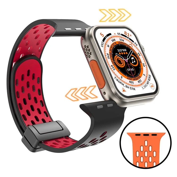 Watch Band for Apple Watch Series 10 46mm / Ultra 2 Ultra 49mm /  Series 9 8 7 45mm / 6 5 4 SE (2023) SE (2022) SE 44mm / 3 2 1 42mm , Dual-Color Silicone Magnetic Strap - Black+Red