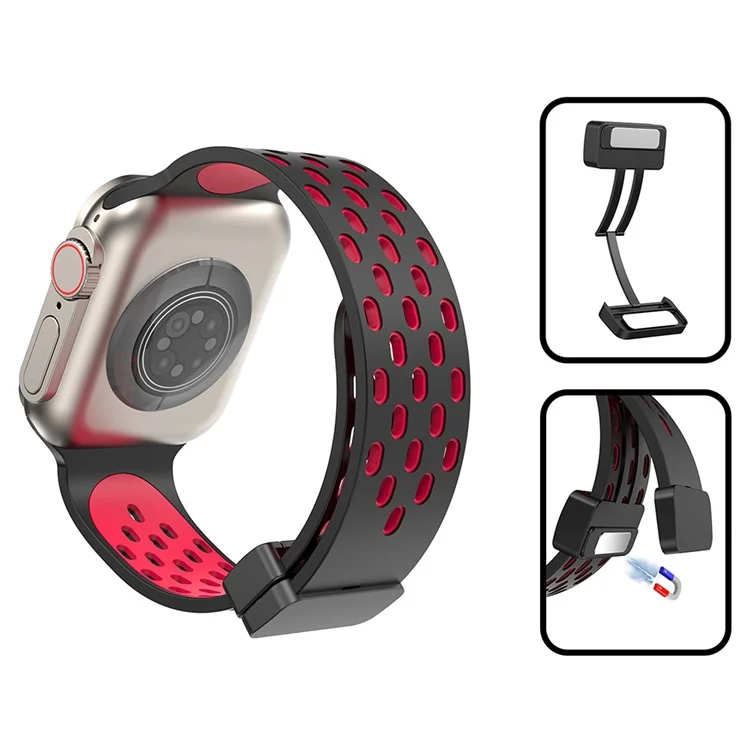 Watch Band for Apple Watch Series 10 46mm / Ultra 2 Ultra 49mm /  Series 9 8 7 45mm / 6 5 4 SE (2023) SE (2022) SE 44mm / 3 2 1 42mm , Dual-Color Silicone Magnetic Strap - Black+Red