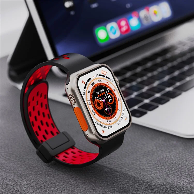 Watch Band for Apple Watch Series 10 46mm / Ultra 2 Ultra 49mm /  Series 9 8 7 45mm / 6 5 4 SE (2023) SE (2022) SE 44mm / 3 2 1 42mm , Dual-Color Silicone Magnetic Strap - Black+Red