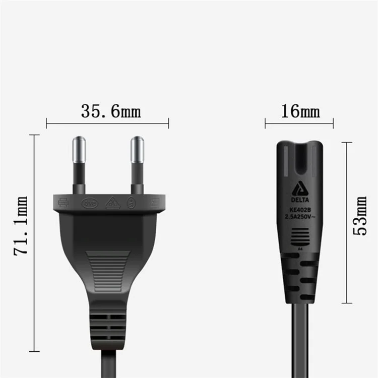 3m 2*0.75 SQMM EU Plug Power Adapter 2 Prong 2-Pin Tail Copper Power Supply Cable (VDE Certified)