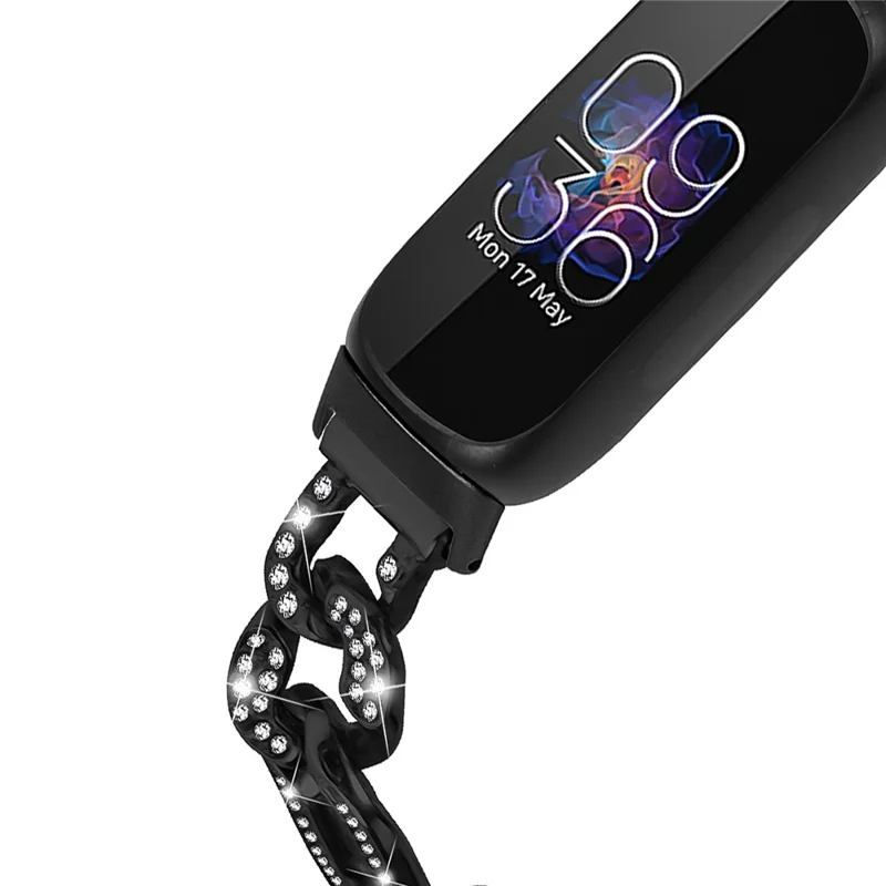 Для Fitbit Inspire 3 Alloy Metal Watch Band Bling Rhinestone Decor Bracelet Strap - Black