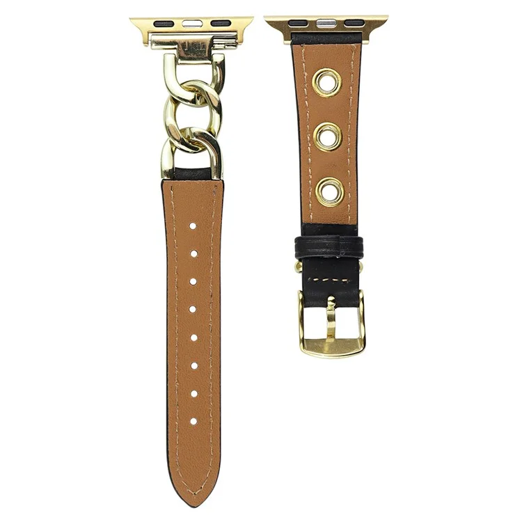 Watch Strap for Apple Watch Series 10 42mm / 9 8 7 41mm / SE (2023) SE (2022) SE 6 5 4 40mm / 3 2 1 38mm Watch Band Genuine Cow Leather Chain Hole Strap - Black+Silver Buckle