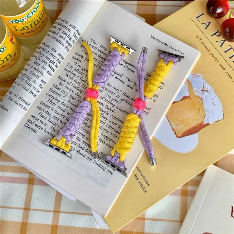 For Apple Watch Series 10 46mm / Ultra 2 Ultra 49mm /  Series 9 8 7 45mm / 6 5 4 SE (2023) SE (2022) SE 44mm / 3 2 1 42mm Watch Band Nylon Braided Knot Wrist Strap - Purple+Yellow
