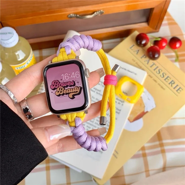 For Apple Watch Series 10 46mm / Ultra 2 Ultra 49mm /  Series 9 8 7 45mm / 6 5 4 SE (2023) SE (2022) SE 44mm / 3 2 1 42mm Watch Band Nylon Braided Knot Wrist Strap - Purple+Yellow