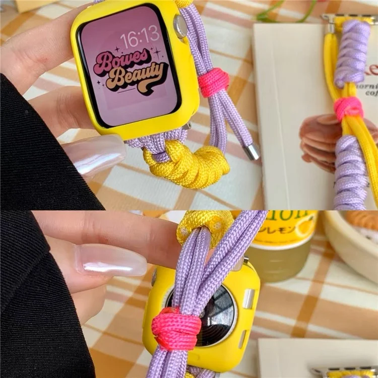 For Apple Watch Series 10 46mm / Ultra 2 Ultra 49mm /  Series 9 8 7 45mm / 6 5 4 SE (2023) SE (2022) SE 44mm / 3 2 1 42mm Watch Band Nylon Braided Knot Wrist Strap - Purple+Yellow