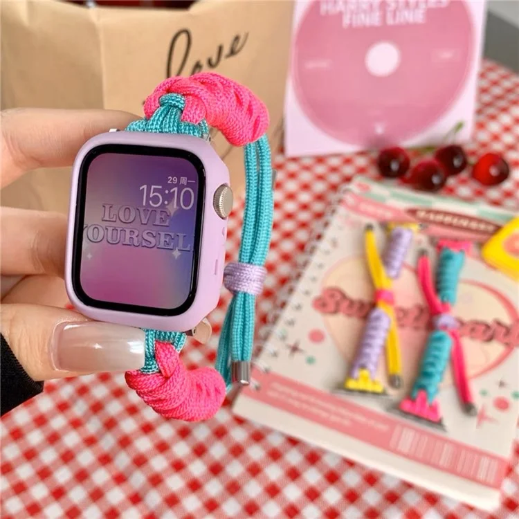 For Apple Watch Series 10 46mm / Ultra 2 Ultra 49mm /  Series 9 8 7 45mm / 6 5 4 SE (2023) SE (2022) SE 44mm / 3 2 1 42mm Watch Band Nylon Braided Knot Wrist Strap - Purple+Yellow