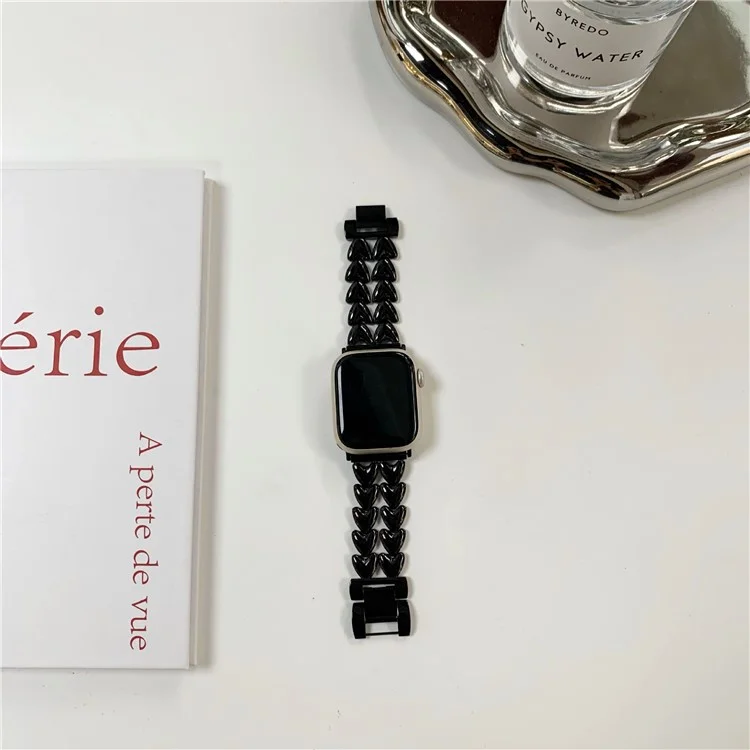 Pulseira de Metal para Apple Watch Série 10 46mm / Ultra 2 Ultra 49mm / Série 9 8 7 45mm / 6 5 4 SE (2023) SE (2022) SE 44mm / 3 2 1 42mm, Pulseira de Coração com Duas Fileiras - Preto