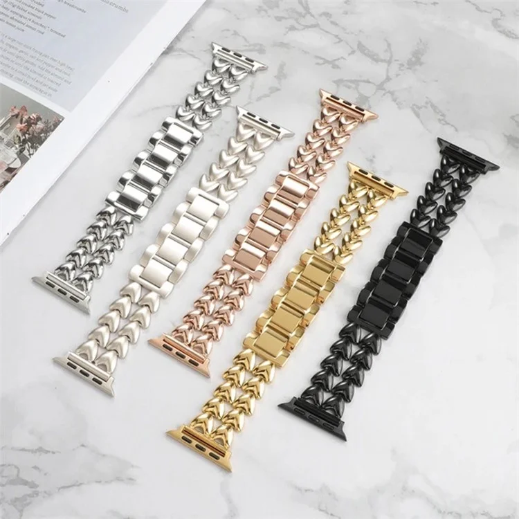 Pulseira de Metal para Apple Watch Série 10 46mm / Ultra 2 Ultra 49mm / Série 9 8 7 45mm / 6 5 4 SE (2023) SE (2022) SE 44mm / 3 2 1 42mm, Pulseira de Coração com Duas Fileiras - Preto