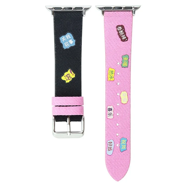 Para Apple Watch Series 10 46mm / Ultra 2 Ultra 49mm / Series 9 8 7 45mm / 6 5 4 SE (2023) SE (2022) SE 44mm / 3 2 1 42mm Cute Words Canvas Watchband Reemplazo Watch Strap - Negro / Rosa