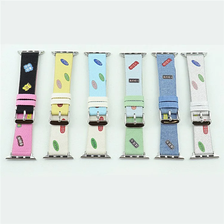 Para Apple Watch Series 10 46mm / Ultra 2 Ultra 49mm / Series 9 8 7 45mm / 6 5 4 SE (2023) SE (2022) SE 44mm / 3 2 1 42mm Cute Words Canvas Watchband Reemplazo Watch Strap - Negro / Rosa