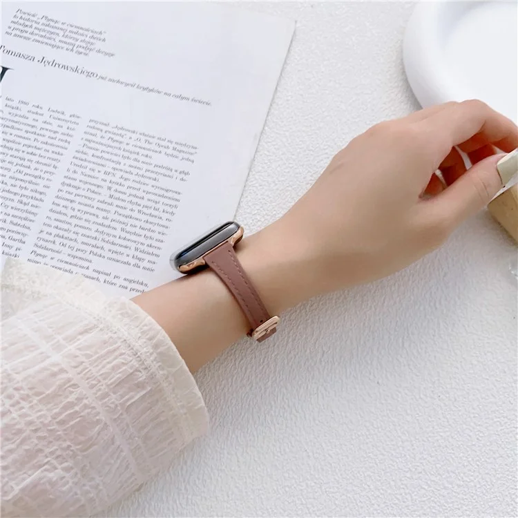 Watch Strap for Apple Watch Series 10 42mm / 9 8 7 41mm / SE (2023) SE (2022) SE 6 5 4 40mm / 3 2 1 38mm Slim Watchband Genuine Cow Leather Watch Strap - Deep Pink