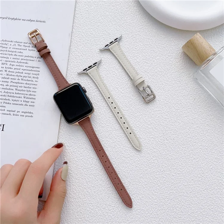 Watch Strap for Apple Watch Series 10 42mm / 9 8 7 41mm / SE (2023) SE (2022) SE 6 5 4 40mm / 3 2 1 38mm Slim Watchband Genuine Cow Leather Watch Strap - Deep Pink