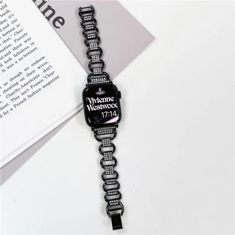 Para Apple Watch Series 10 46mm / Ultra 2 Ultra 49mm /  Serie 9 8 7 45mm / 6 5 4 SE (2023) SE (2022) SE 44mm / 3 2 1 42mm AW Metal Watch Strap Rhinestone Decor Hollow Watchband - Negro
