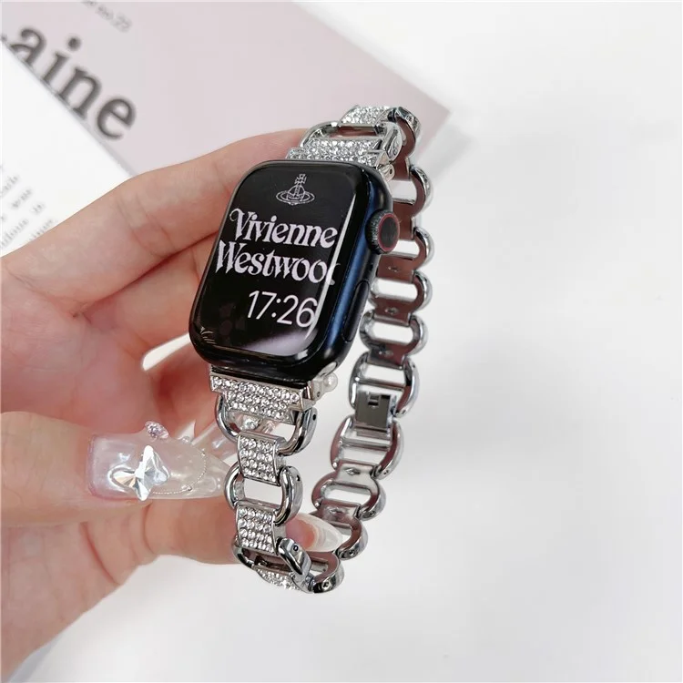 Para Apple Watch Series 10 46mm / Ultra 2 Ultra 49mm /  Serie 9 8 7 45mm / 6 5 4 SE (2023) SE (2022) SE 44mm / 3 2 1 42mm AW Metal Watch Strap Rhinestone Decor Hollow Watchband - Negro