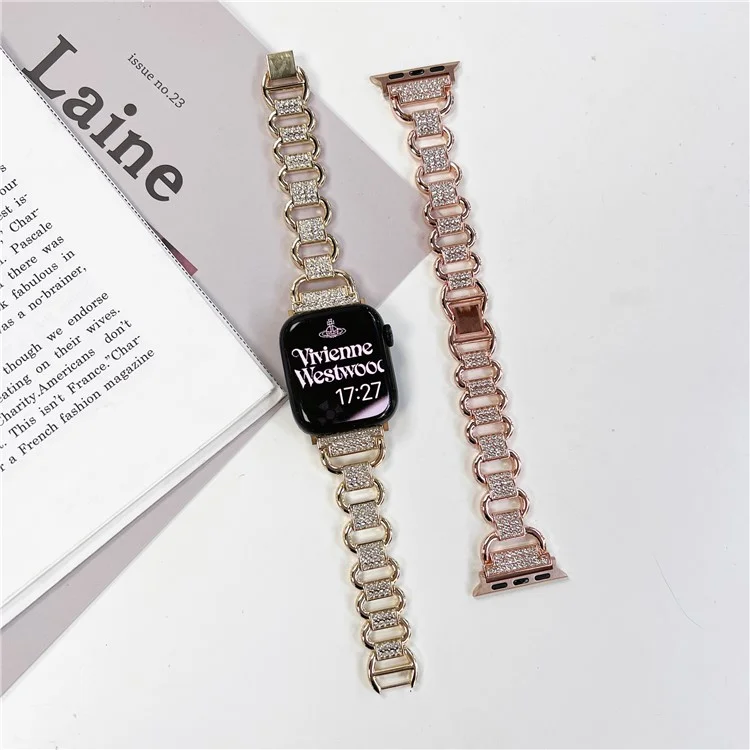 Para Apple Watch Series 10 46mm / Ultra 2 Ultra 49mm /  Serie 9 8 7 45mm / 6 5 4 SE (2023) SE (2022) SE 44mm / 3 2 1 42mm AW Metal Watch Strap Rhinestone Decor Hollow Watchband - Negro