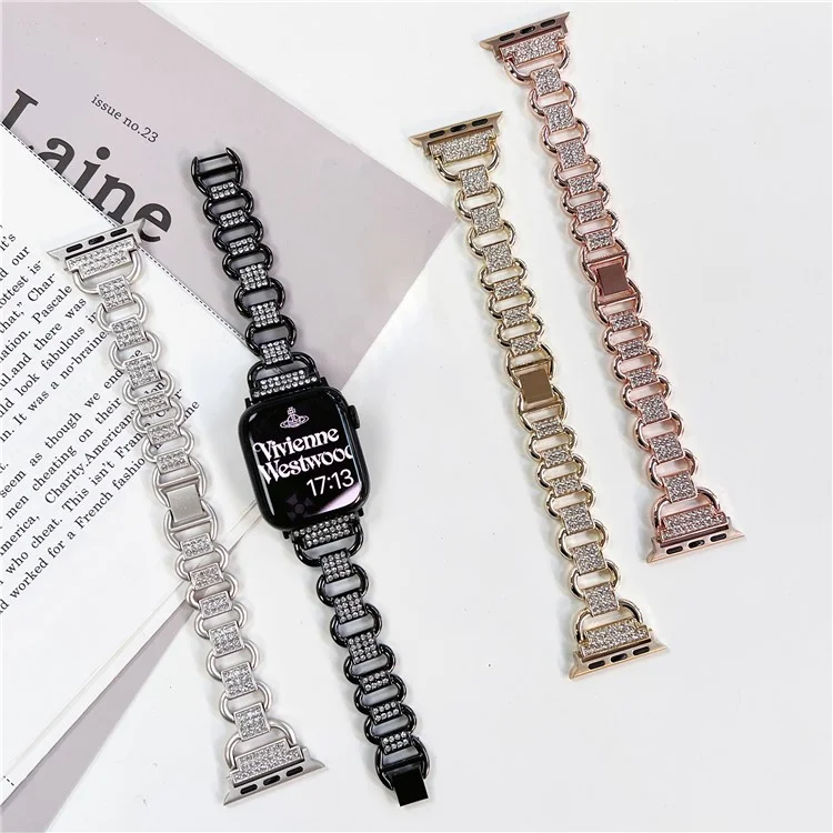 Para Apple Watch Series 10 46mm / Ultra 2 Ultra 49mm /  Serie 9 8 7 45mm / 6 5 4 SE (2023) SE (2022) SE 44mm / 3 2 1 42mm AW Metal Watch Strap Rhinestone Decor Hollow Watchband - Negro