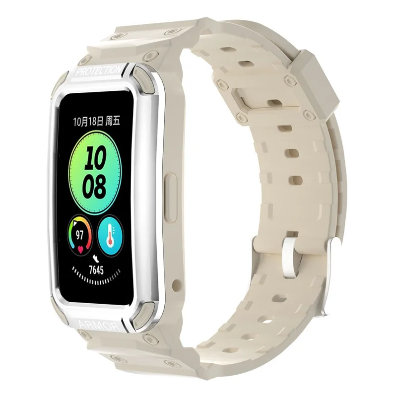For Huawei Band 6 / Band 7 / Band 8 / Band 8 NFC / Band 9 / Band 9 NFC TPU Watch Strap + Hard PC Case Smartwatch Band - Silver+Beige