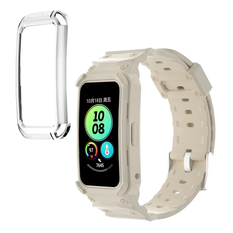 For Huawei Band 6 / Band 7 / Band 8 / Band 8 NFC / Band 9 / Band 9 NFC TPU Watch Strap + Hard PC Case Smartwatch Band - Silver+Beige