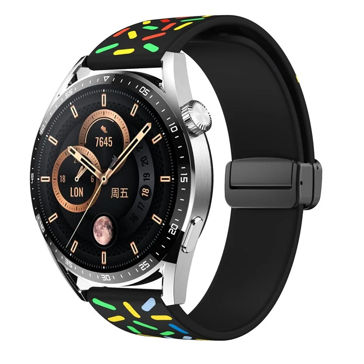 20mm Musterarmband für Samsung Galaxy Watch6 / Watch6 Classic / Watch 5 / Watch 5 Pro / Watch4 / Watch4 Classic, Silikonarmband mit schwarzer Magnetfaltschnalle - Schwarz Regenbogen