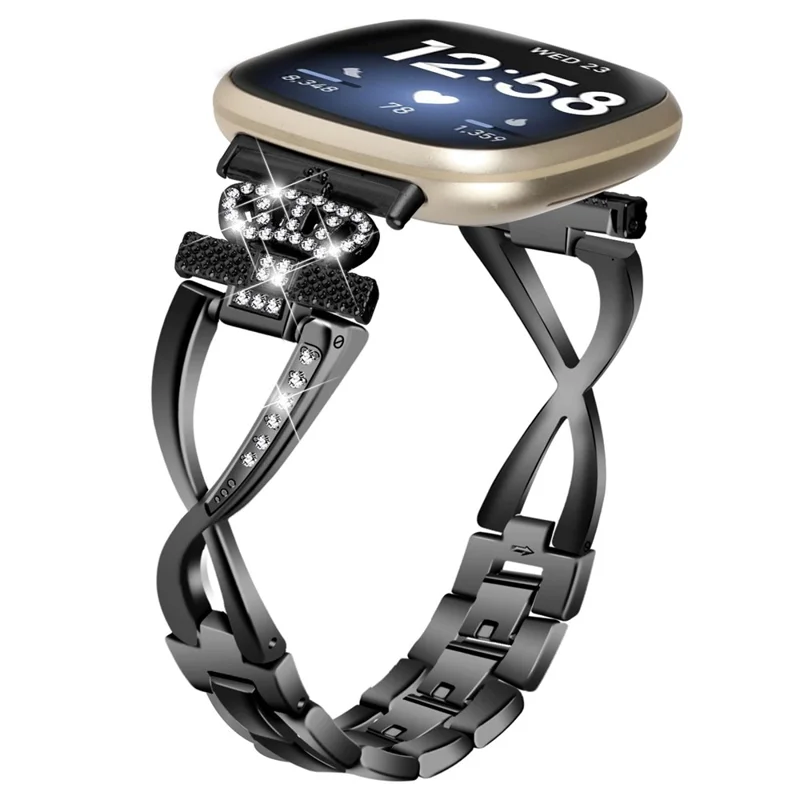 For Fitbit Versa 3 / Sense Rhinestones Decor Crown X-shape Watch Band Zinc Alloy Replace Strap - Black