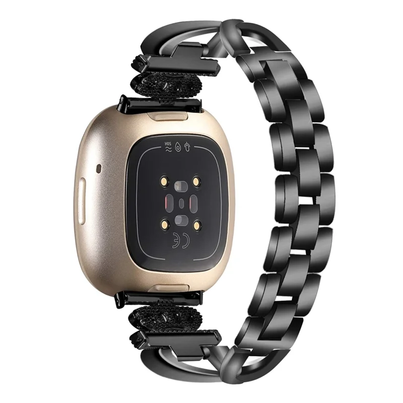 For Fitbit Versa 3 / Sense Rhinestones Decor Crown X-shape Watch Band Zinc Alloy Replace Strap - Black