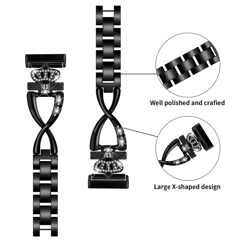For Fitbit Versa 3 / Sense Rhinestones Decor Crown X-shape Watch Band Zinc Alloy Replace Strap - Black