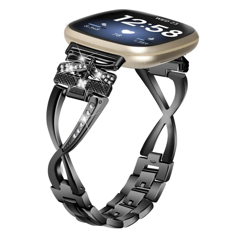 For Fitbit Versa 4 / Sense 2 Zinc Alloy Strap Rhinestones Decor Crown X-shape Smartwatch Band - Black