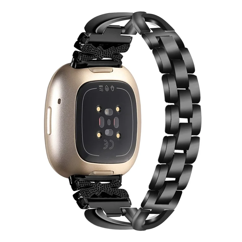 For Fitbit Versa 4 / Sense 2 Zinc Alloy Strap Rhinestones Decor Crown X-shape Smartwatch Band - Black