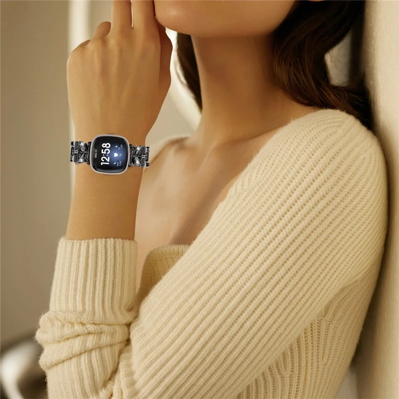 For Fitbit Versa 4 / Sense 2 Zinc Alloy Strap Rhinestones Decor Crown X-shape Smartwatch Band - Black