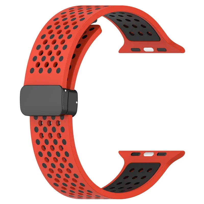 Magnetic Watch Bands for Apple Watch Ultra 3 2 1 49mm / Series 11 10 46mm / 9 8 7 45mm / SE3 SE2 SE 6 5 4 44mm / 3 2 1 42mm , Dual-Color Silicone Strap - Red+Black