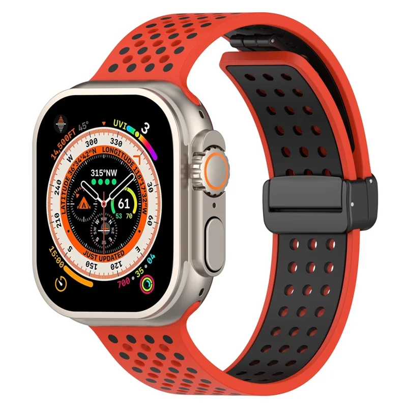 Magnetic Watch Bands for Apple Watch Ultra 3 2 1 49mm / Series 11 10 46mm / 9 8 7 45mm / SE3 SE2 SE 6 5 4 44mm / 3 2 1 42mm , Dual-Color Silicone Strap - Red+Black