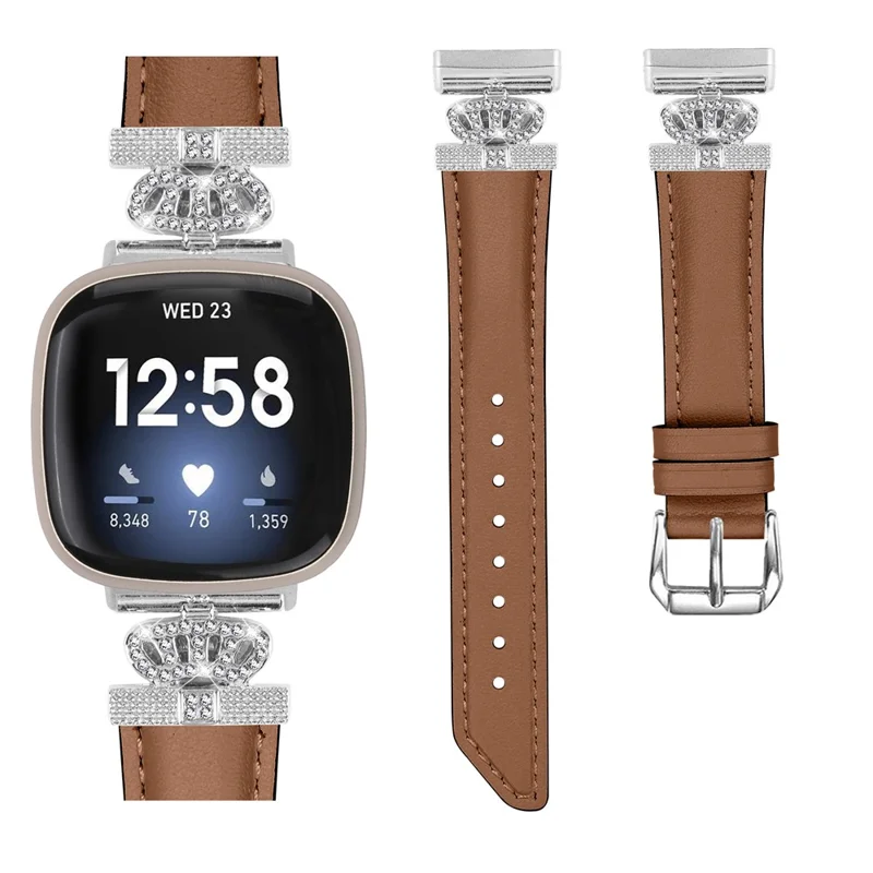 For Fitbit Versa 3 / 4 / Sense 2 Watch Band Crown Connector Replacement Strap with Silver Buckle - Brown
