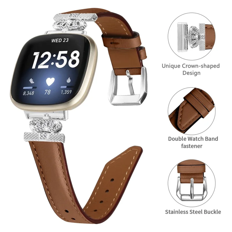 For Fitbit Versa 3 / 4 / Sense 2 Watch Band Crown Connector Replacement Strap with Silver Buckle - Brown