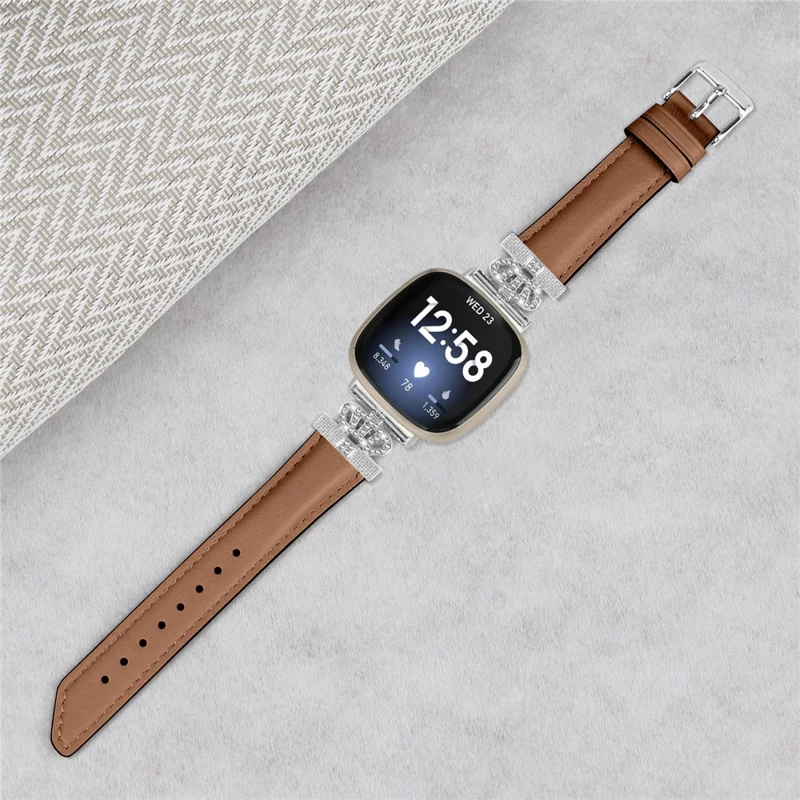 For Fitbit Versa 3 / 4 / Sense 2 Watch Band Crown Connector Replacement Strap with Silver Buckle - Brown