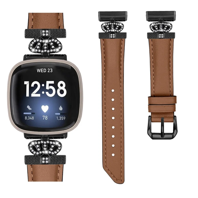 For Fitbit Versa 3 / Versa 4 / Sense / Sense 2 Black Buckle Watch Strap Genuine Cowhide Leather Wristband - Brown