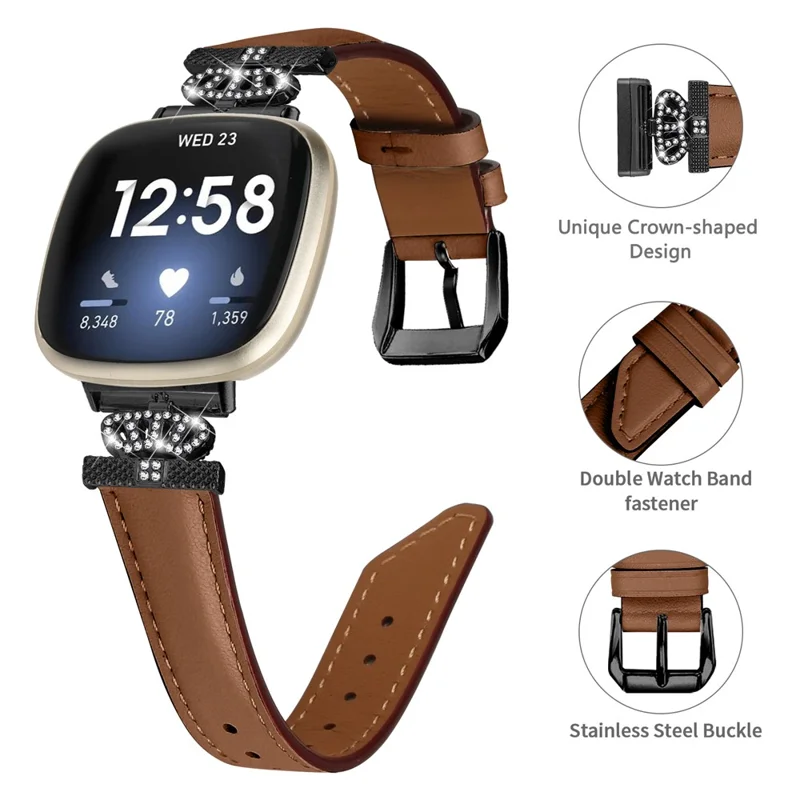 For Fitbit Versa 3 / Versa 4 / Sense / Sense 2 Black Buckle Watch Strap Genuine Cowhide Leather Wristband - Brown