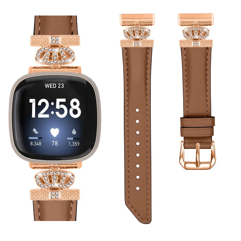 For Fitbit Versa 3 / Versa 4 / Sense / Sense 2 Rose Gold Buckle Watch Band Crown Rhinestone Wrist Strap - Brown