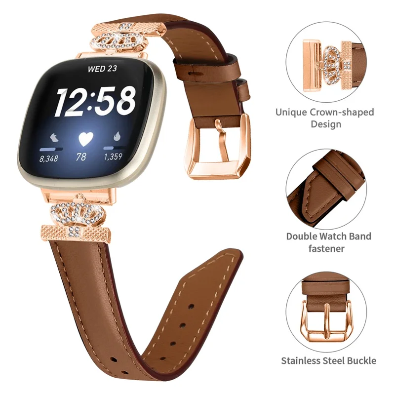 For Fitbit Versa 3 / Versa 4 / Sense / Sense 2 Rose Gold Buckle Watch Band Crown Rhinestone Wrist Strap - Brown