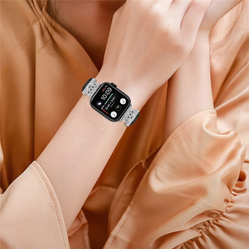 Watch Bracelet Band for Apple Watch Series 10 42mm / 9 8 7 41mm / SE (2023) SE (2022) SE 6 5 4 40mm / 3 2 1 38mm Rhinestone Band with Silver Buckle - Black