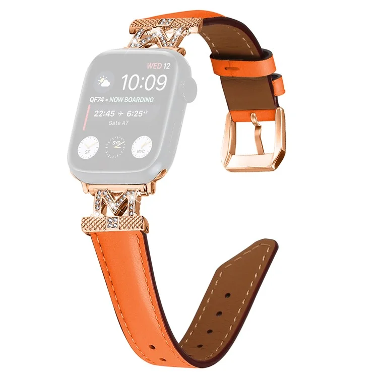 Watch Band for Apple Watch Series 10 46mm / Ultra 2 Ultra 49mm /  Series 9 8 7 45mm / 6 5 4 SE (2023) SE (2022) SE 44mm / 3 2 1 42mm Rhinestone M-Shape Connector Strap with Rose Gold Buckle - Orange