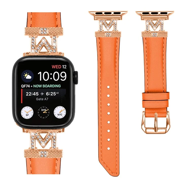 Watch Band for Apple Watch Series 10 46mm / Ultra 2 Ultra 49mm /  Series 9 8 7 45mm / 6 5 4 SE (2023) SE (2022) SE 44mm / 3 2 1 42mm Rhinestone M-Shape Connector Strap with Rose Gold Buckle - Orange