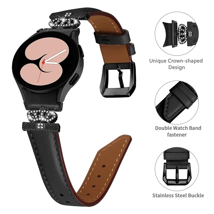 Pulseira Preta com Fivela para Samsung Galaxy Watch 5 / Watch4 44mm 40mm, Conector em Formato de Coroa com Strass - Preto