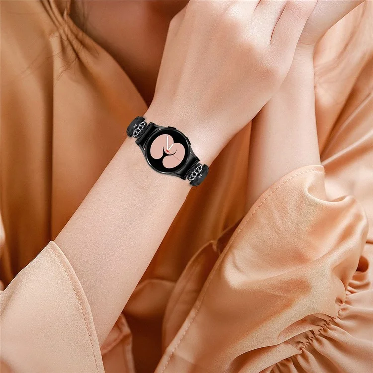 Pulseira Preta com Fivela para Samsung Galaxy Watch 5 / Watch4 44mm 40mm, Conector em Formato de Coroa com Strass - Preto