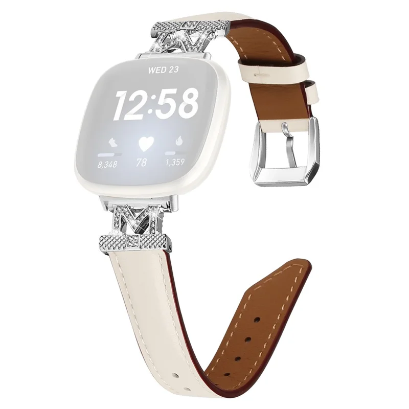 Pour Fitbit Versa 3 / Versa 4 / Sense / Sense 2 M Shape Rhinestone Decor Genuine Cowhide Leather Watch Strap with Silver Buckle - Abricot