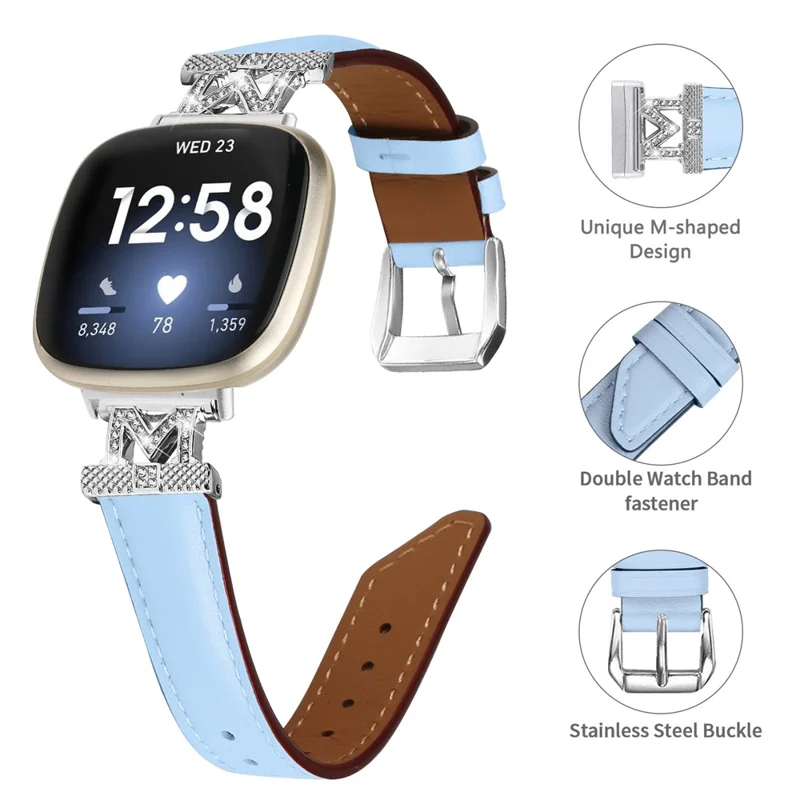 För Fitbit Versa 3 / Versa 4 / Sense / Sense 2 M-formad strassdekorerad äkta nubbskinnshandske med silverfäste - Blå
