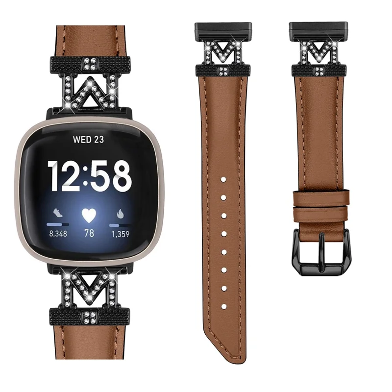 Cinturino per orologio per Fitbit Versa 3 / Versa 4 / Sense / Sense 2 M Shape Decorazione con Strass Vera Pelle di Mucca con Fibbia Nera - Marrone