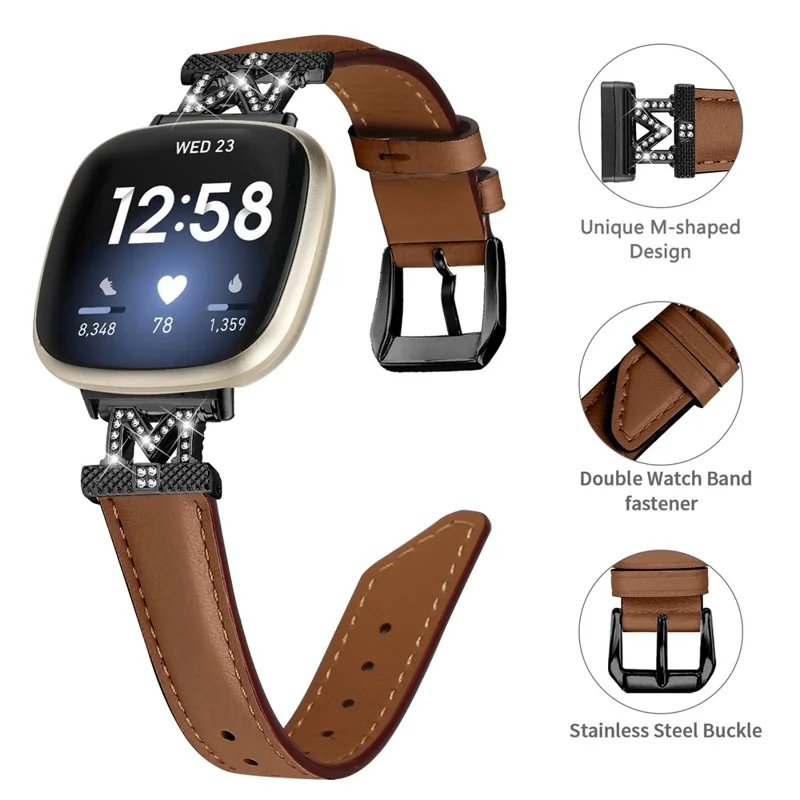 Cinturino per orologio per Fitbit Versa 3 / Versa 4 / Sense / Sense 2 M Shape Decorazione con Strass Vera Pelle di Mucca con Fibbia Nera - Marrone