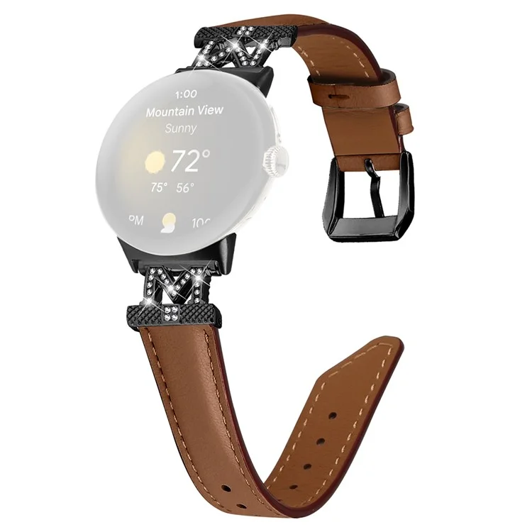 Pulseira de Relógio para Google Pixel Watch 3 41mm / Watch 2 / Pixel Watch Fivela Preta de Couro Genuíno de Vaca com Decoração de Cristal em Formato de M - Marrom