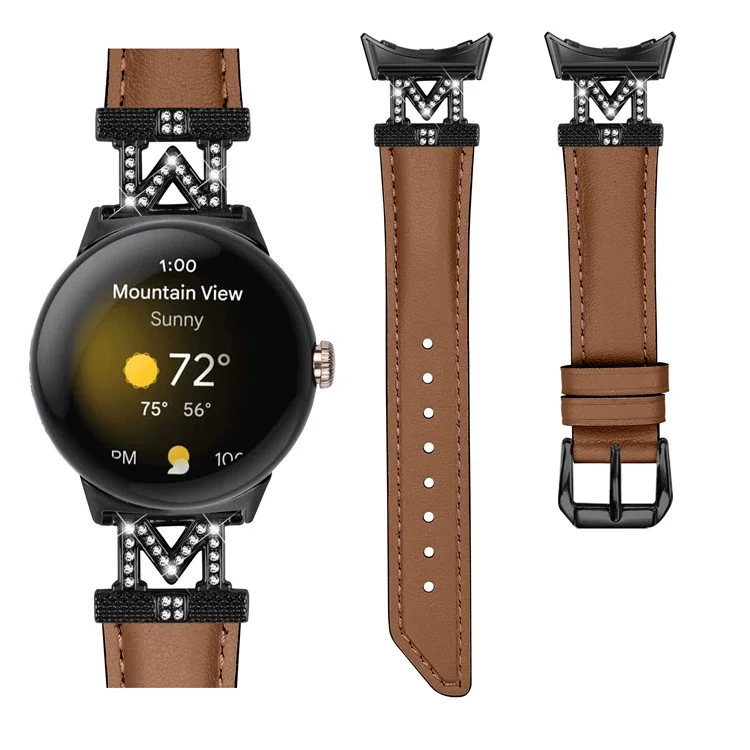 Pulseira de Relógio para Google Pixel Watch 3 41mm / Watch 2 / Pixel Watch Fivela Preta de Couro Genuíno de Vaca com Decoração de Cristal em Formato de M - Marrom